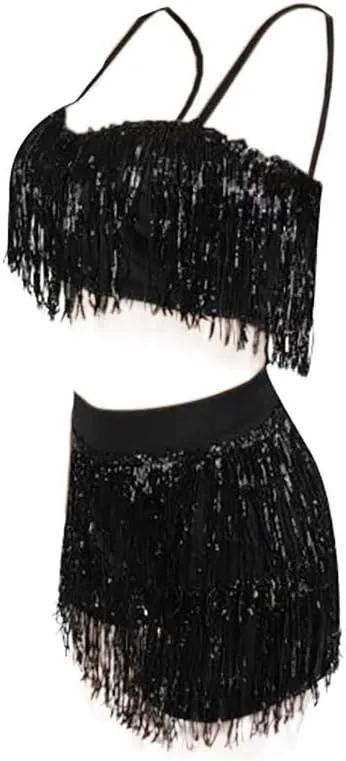 Tbahhir Women's Fringe Sequin 2 Piece Outfit Set Sexy Flowy Tassel Crop Top Shiny Mini Shorts Pants Clubwear