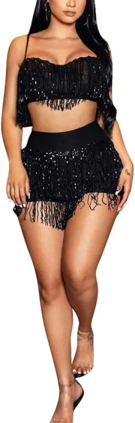 Tbahhir Women's Fringe Sequin 2 Piece Outfit Set Sexy Flowy Tassel Crop Top Shiny Mini Shorts Pants Clubwear