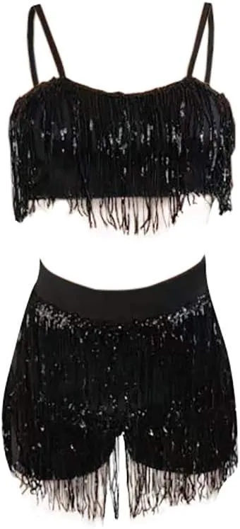 Tbahhir Women's Fringe Sequin 2 Piece Outfit Set Sexy Flowy Tassel Crop Top Shiny Mini Shorts Pants Clubwear