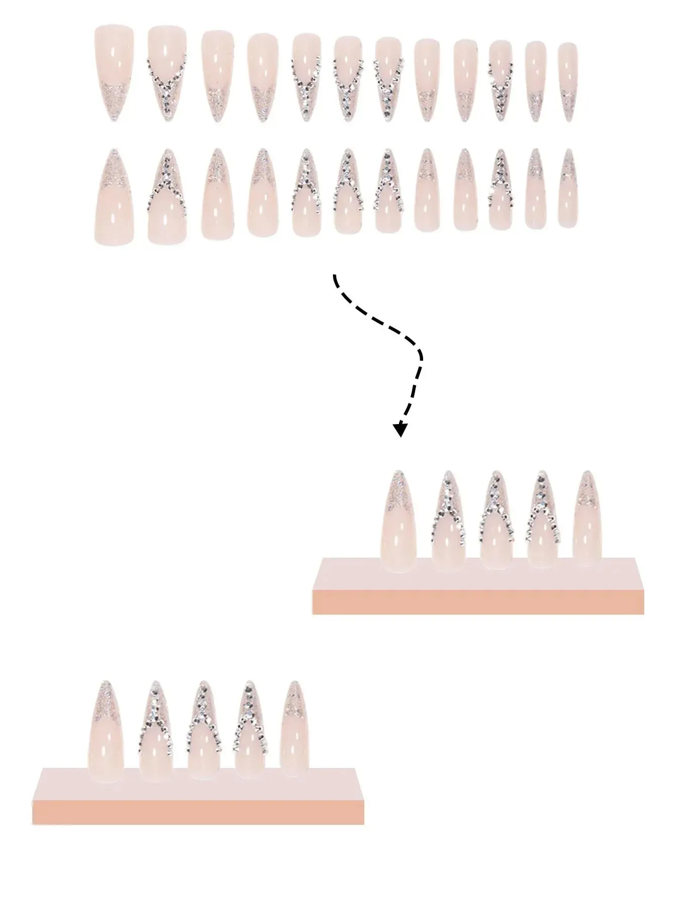 TEEK - 24 PCs Long Tip Shimmering 3D False Nails