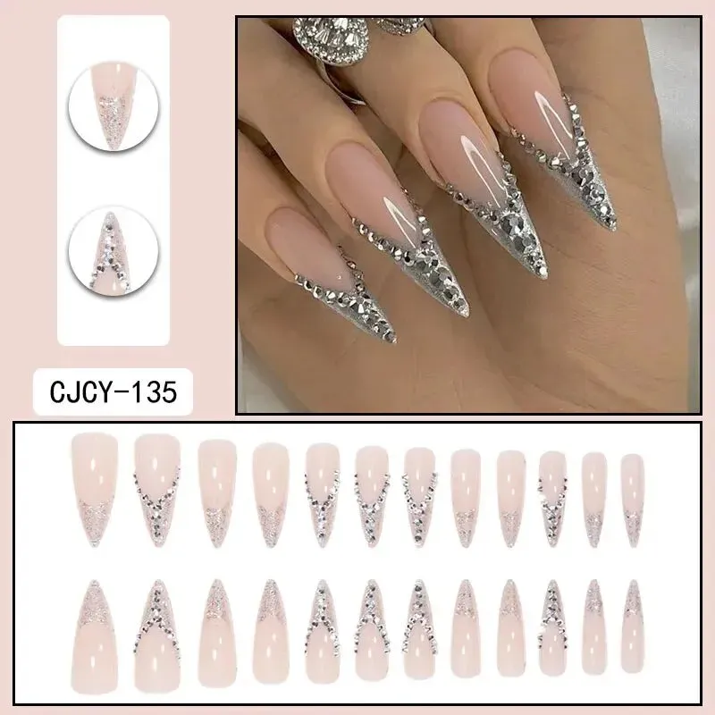 TEEK - 24 PCs Long Tip Shimmering 3D False Nails
