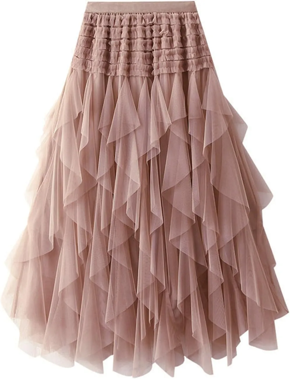 Tulle Tutu Skirts for Women Summer Fashion Elastic High Waist Tiered Ruffle Hem Midi Skirt Elegant Puffy Fairy Skirt