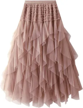 Tulle Tutu Skirts for Women Summer Fashion Elastic High Waist Tiered Ruffle Hem Midi Skirt Elegant Puffy Fairy Skirt
