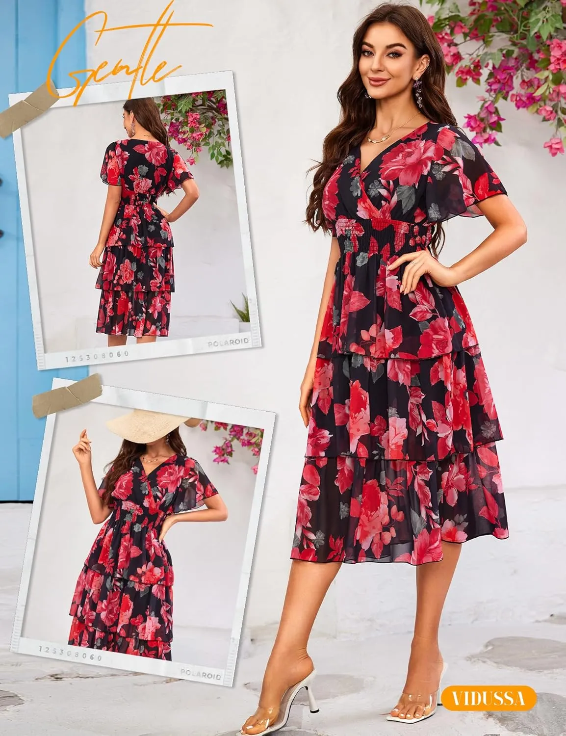 VIDUSSA Womens Floral V Neck Ruffle Tiered Layered Chiffon Flowy Swing Long Midi Dress Short Sleeve Smocked Dresses