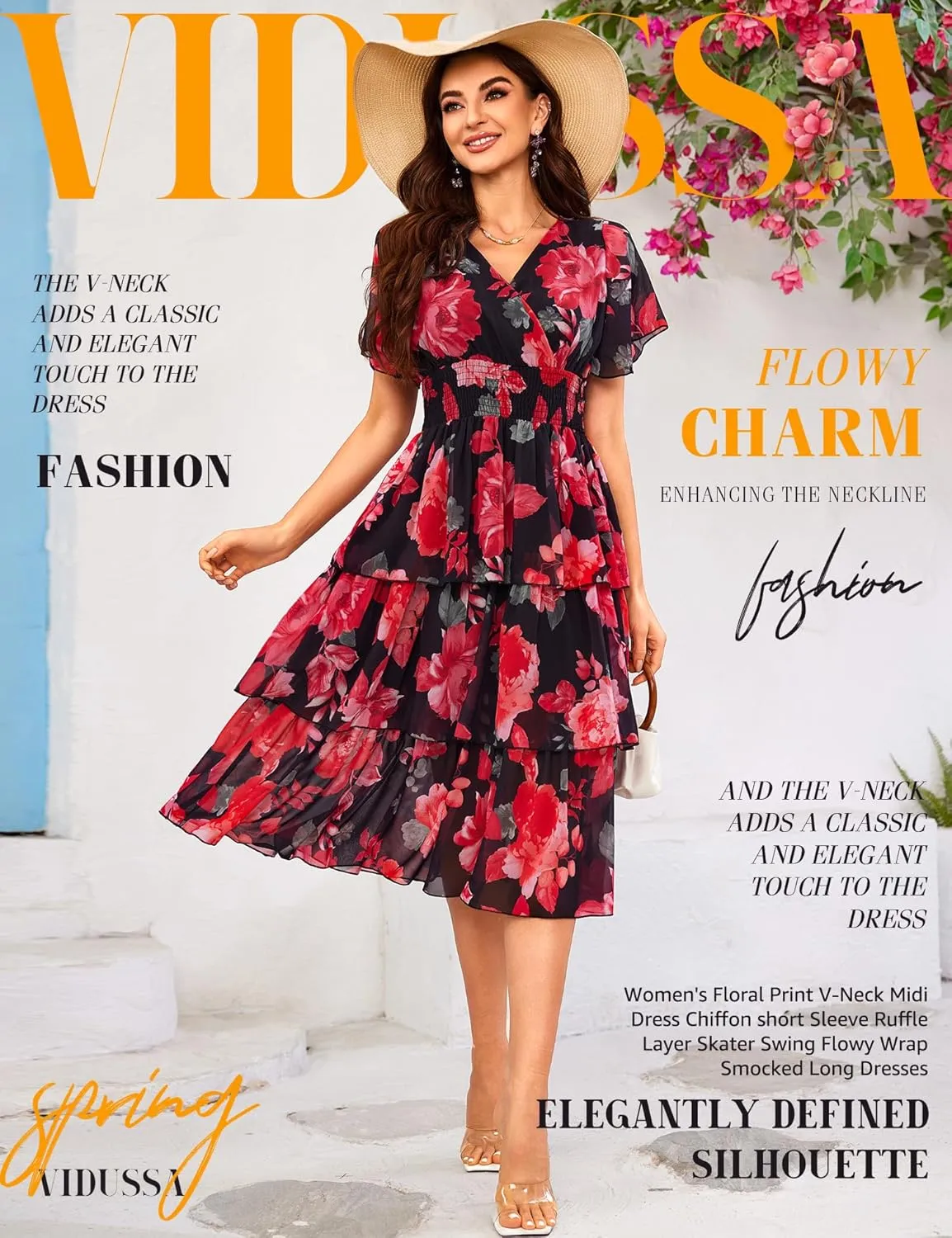 VIDUSSA Womens Floral V Neck Ruffle Tiered Layered Chiffon Flowy Swing Long Midi Dress Short Sleeve Smocked Dresses