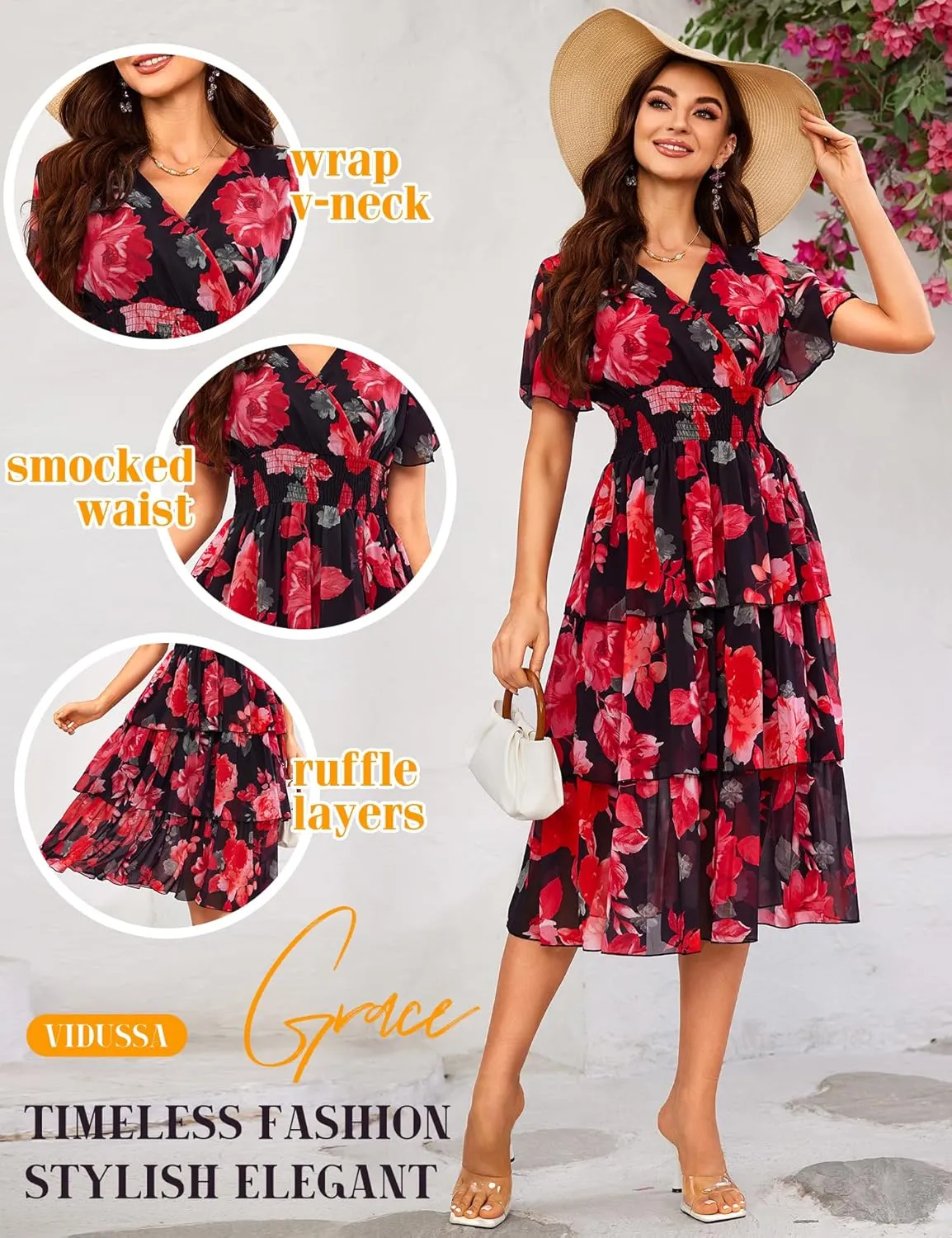 VIDUSSA Womens Floral V Neck Ruffle Tiered Layered Chiffon Flowy Swing Long Midi Dress Short Sleeve Smocked Dresses