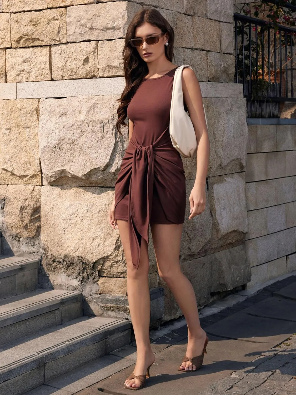 Vinova Womens Mini Dress Casual Sleeveless Bodycon Dress Tie Front Wrap Ruched Dress Summer Party Going Out Dresses