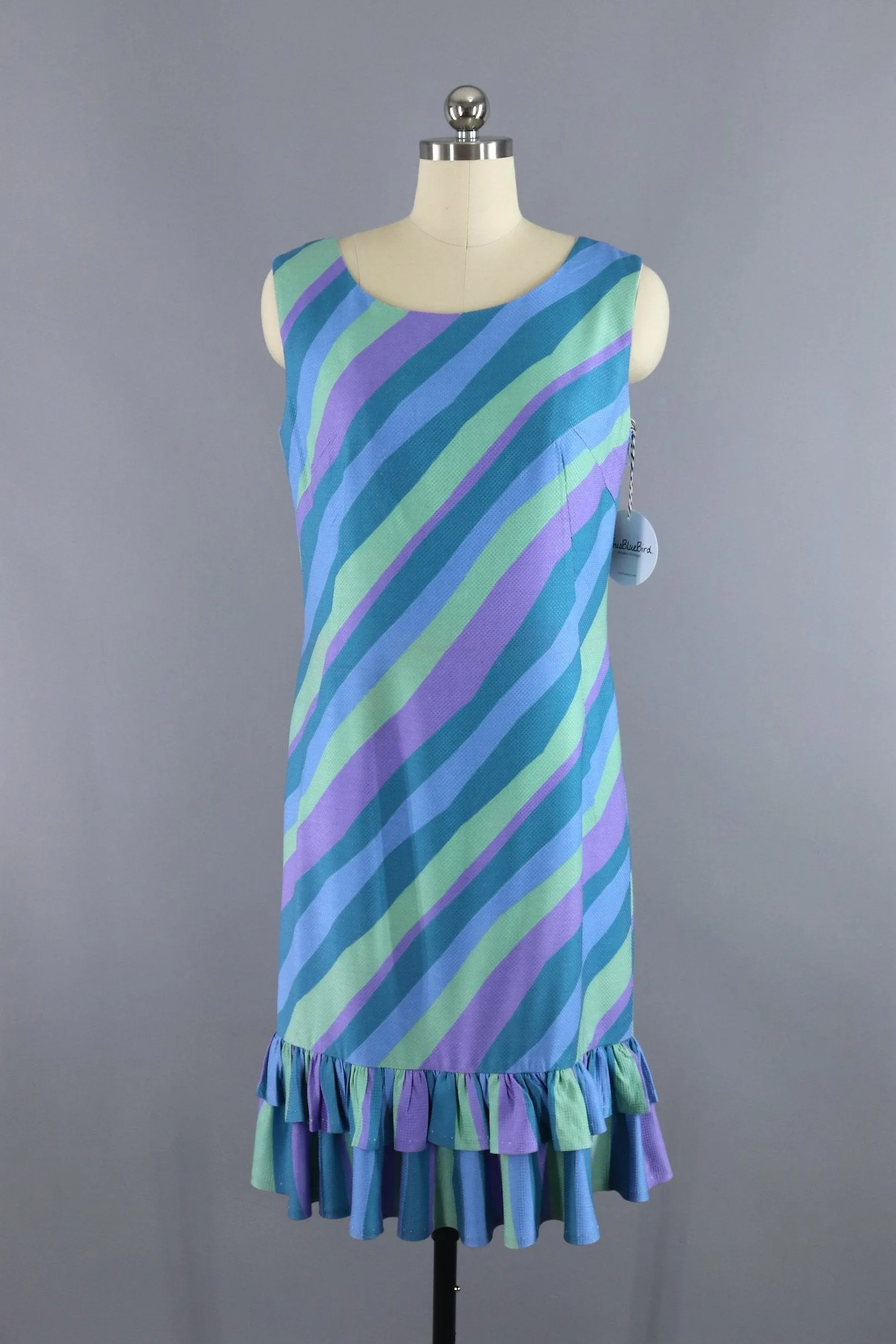 Vintage 1960s Shift Dress / Blue & Purple Striped Day Dress