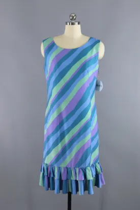 Vintage 1960s Shift Dress / Blue & Purple Striped Day Dress