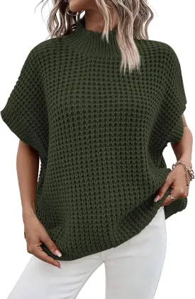 Viottiset Womens Oversized Short Batwing Sleeve Mock Neck Sweater Vest Fall Sleeveless Pullover Knit Sweaters