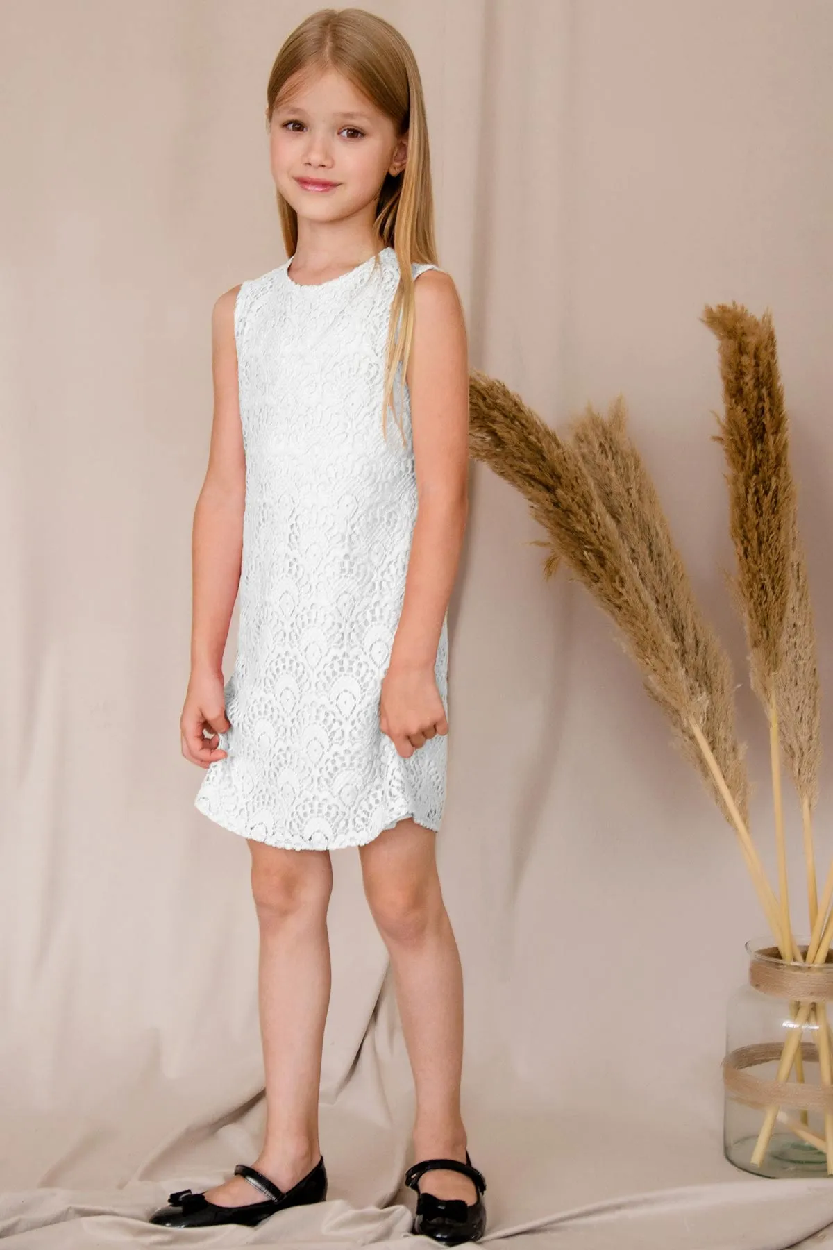 White Crochet Lace Sleeveless Shift Fancy Cocktail Party Dress - Girls