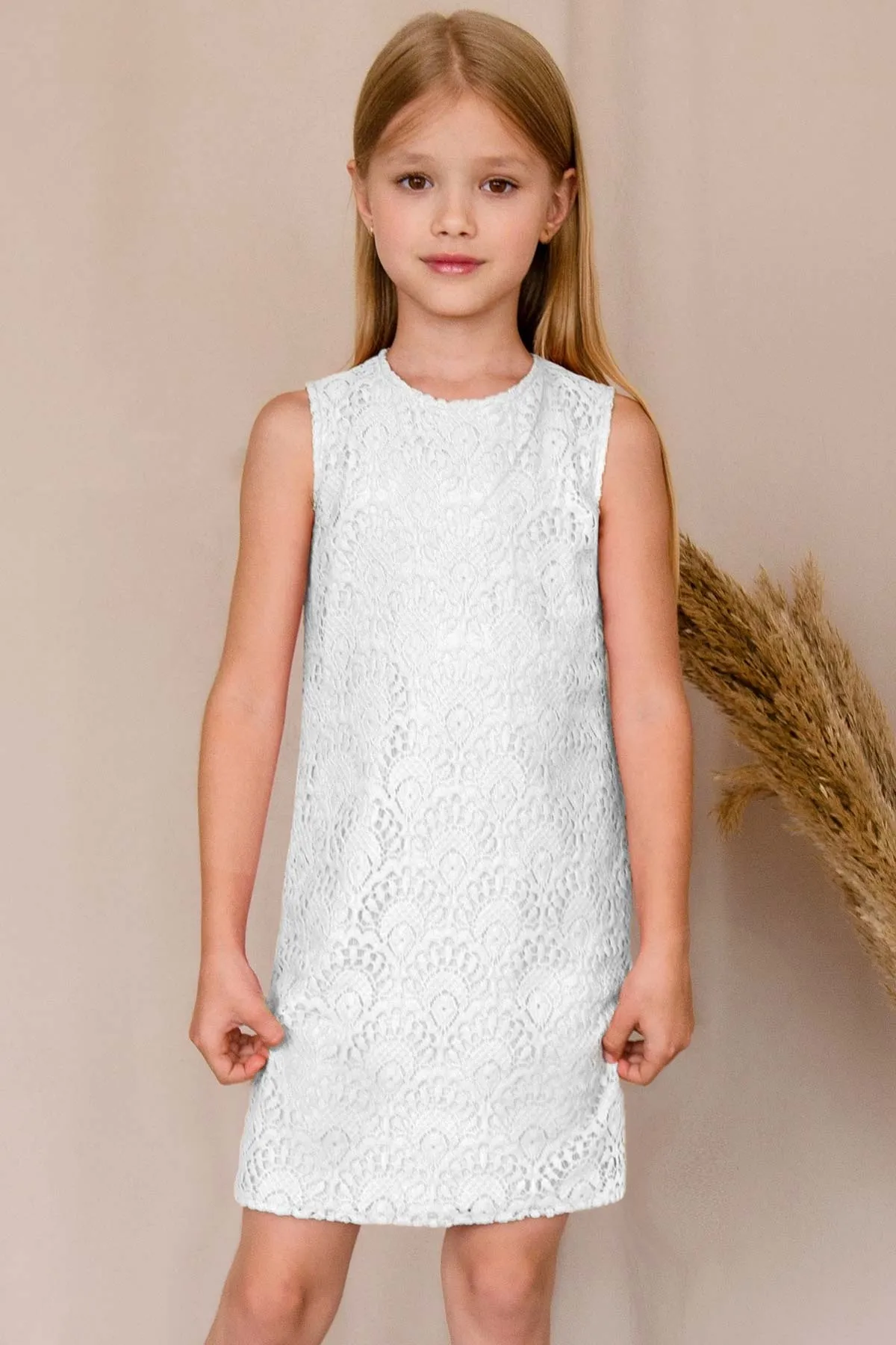 White Crochet Lace Sleeveless Shift Fancy Cocktail Party Dress - Girls