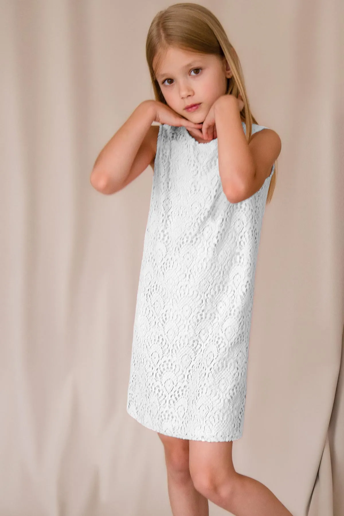 White Crochet Lace Sleeveless Shift Fancy Cocktail Party Dress - Girls