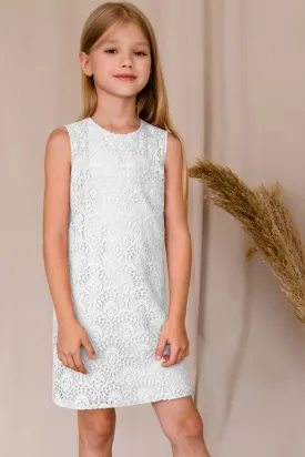 White Crochet Lace Sleeveless Shift Fancy Cocktail Party Dress - Girls