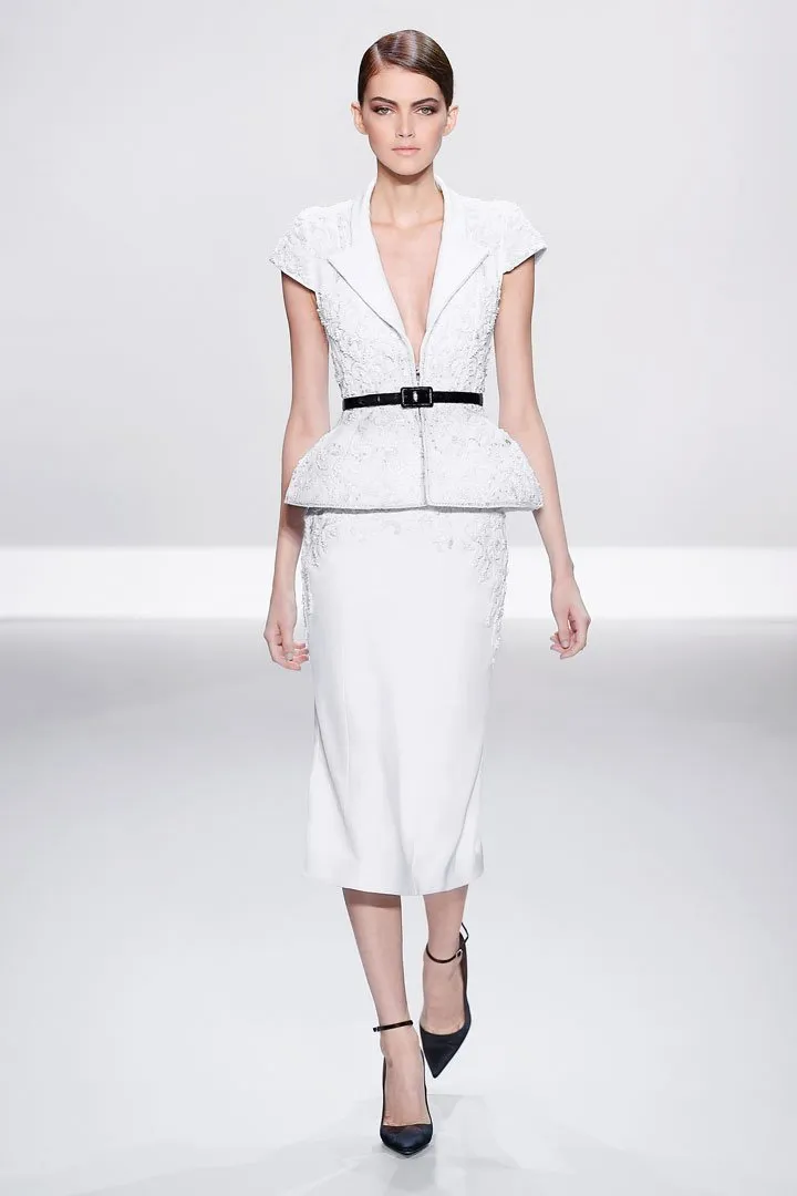 White Silk Crepe Embellished Jacket and Pencil Skirt