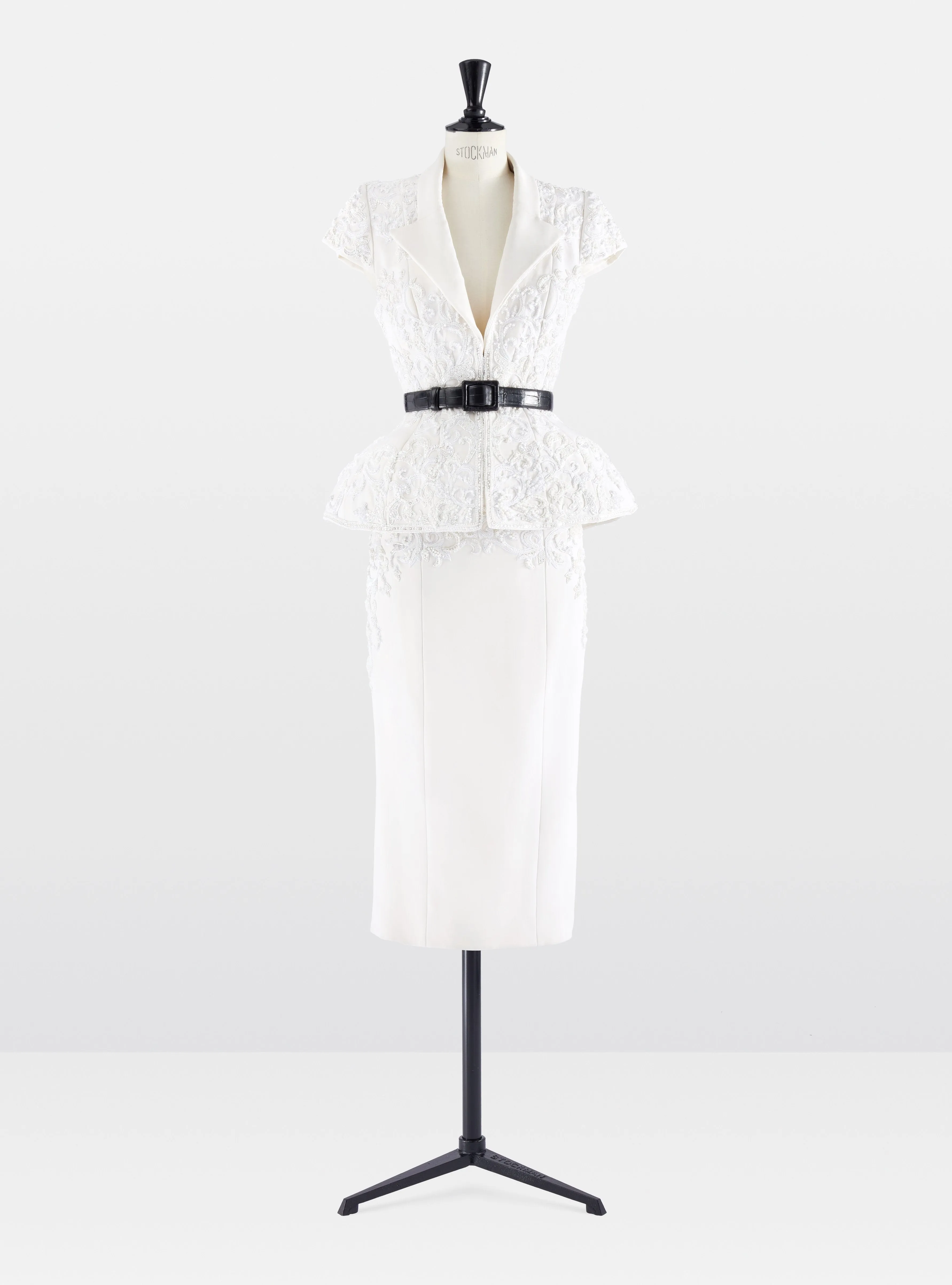 White Silk Crepe Embellished Jacket and Pencil Skirt