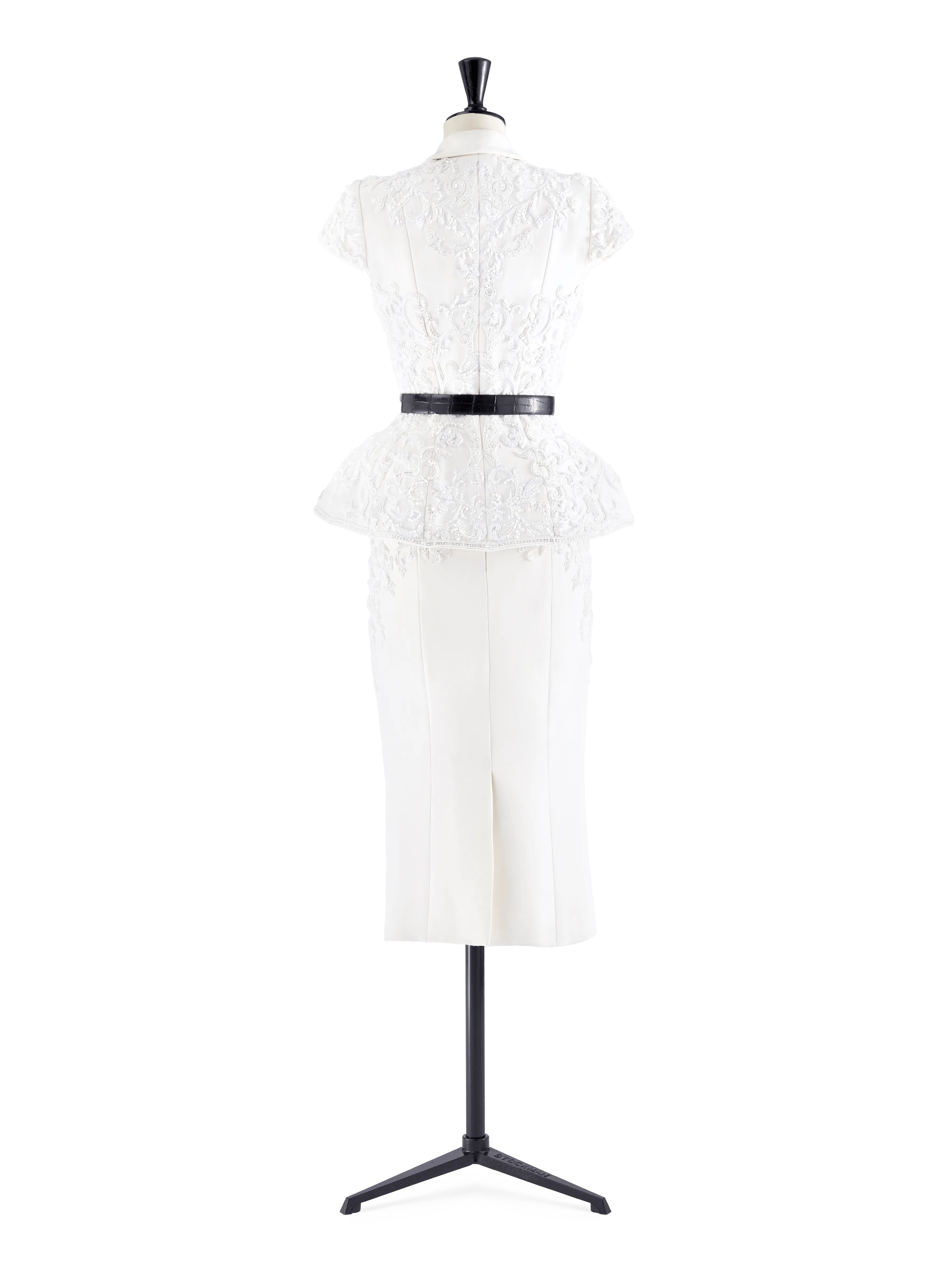 White Silk Crepe Embellished Jacket and Pencil Skirt