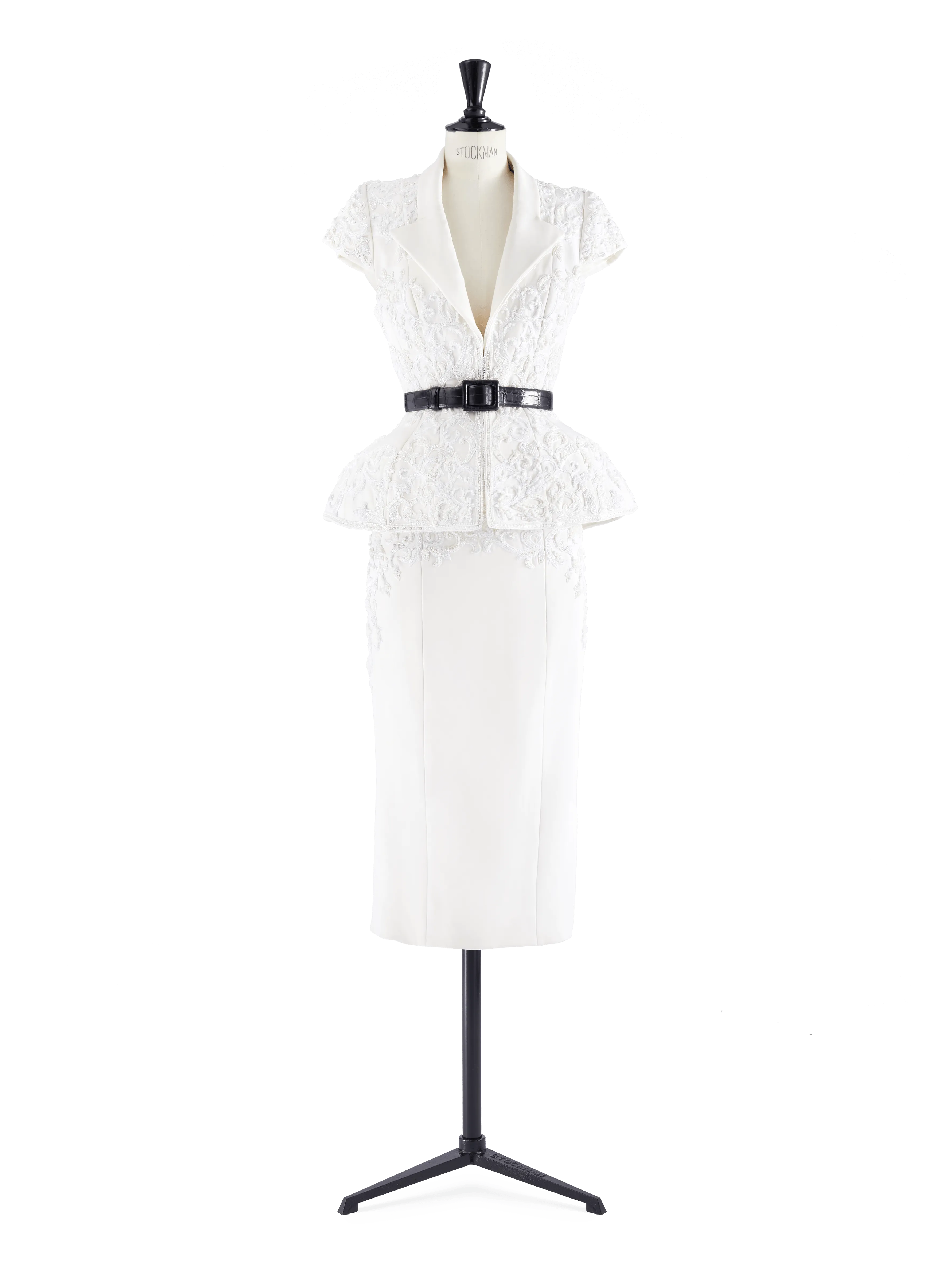 White Silk Crepe Embellished Jacket and Pencil Skirt