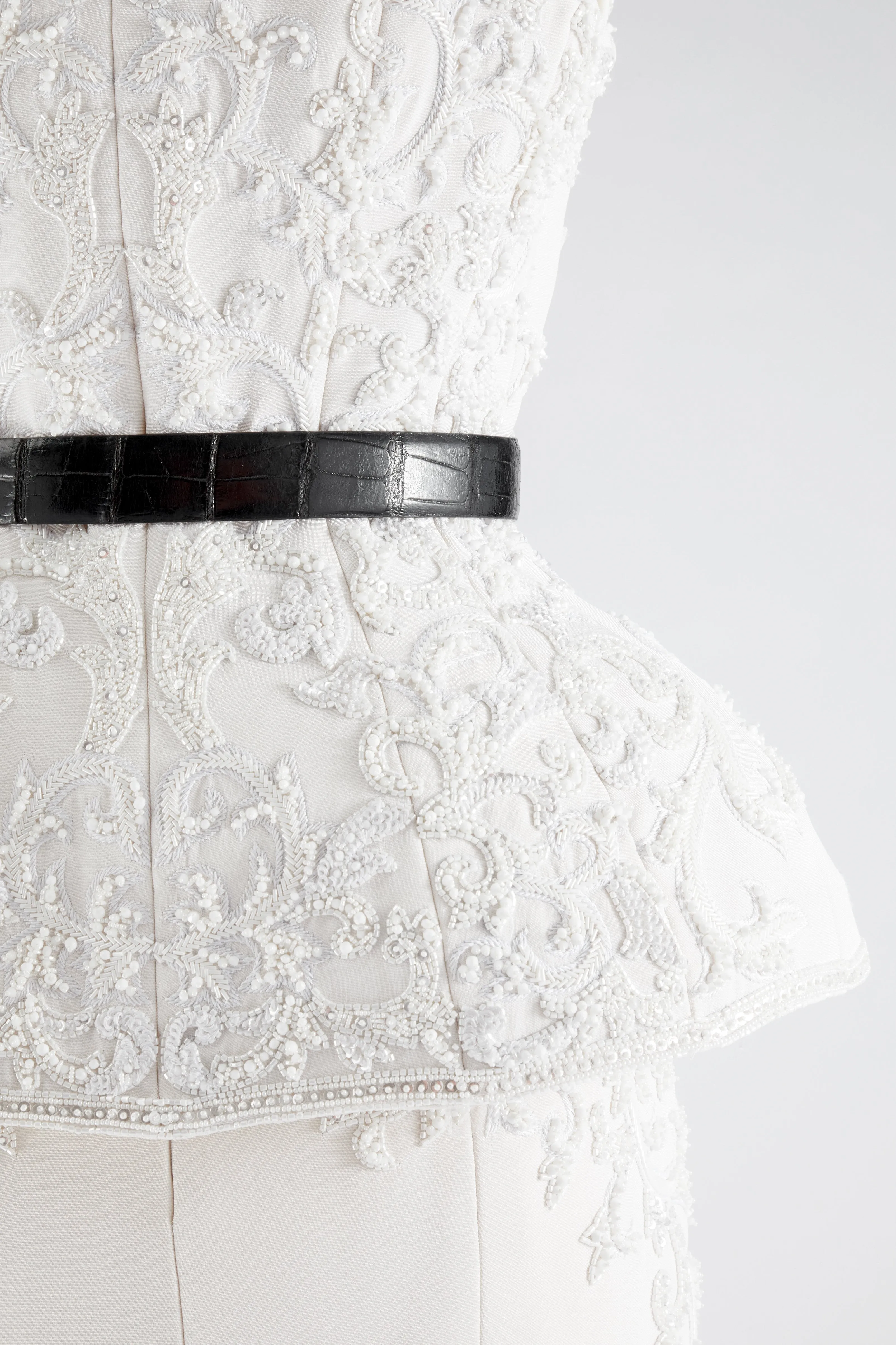 White Silk Crepe Embellished Jacket and Pencil Skirt