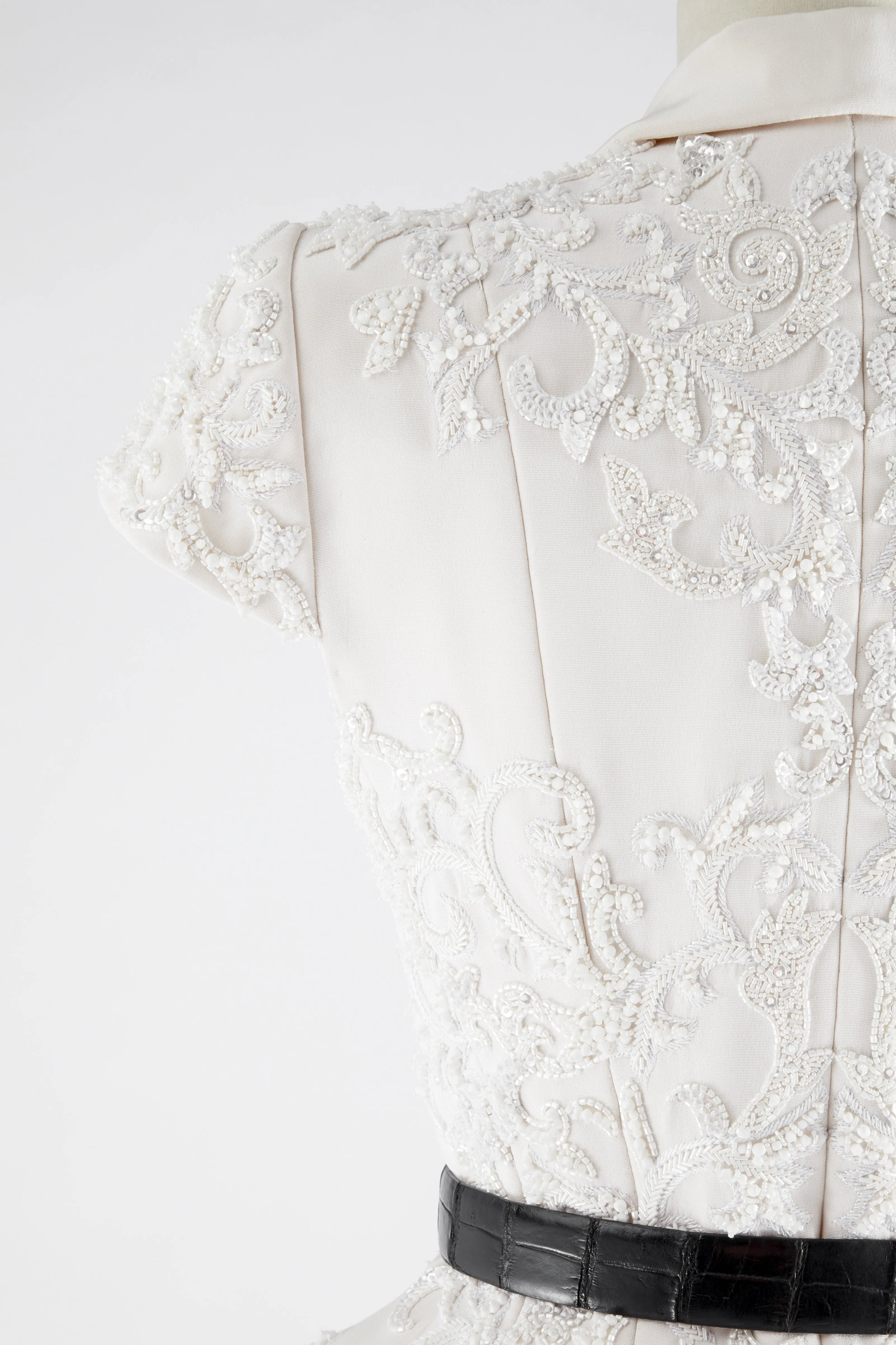 White Silk Crepe Embellished Jacket and Pencil Skirt