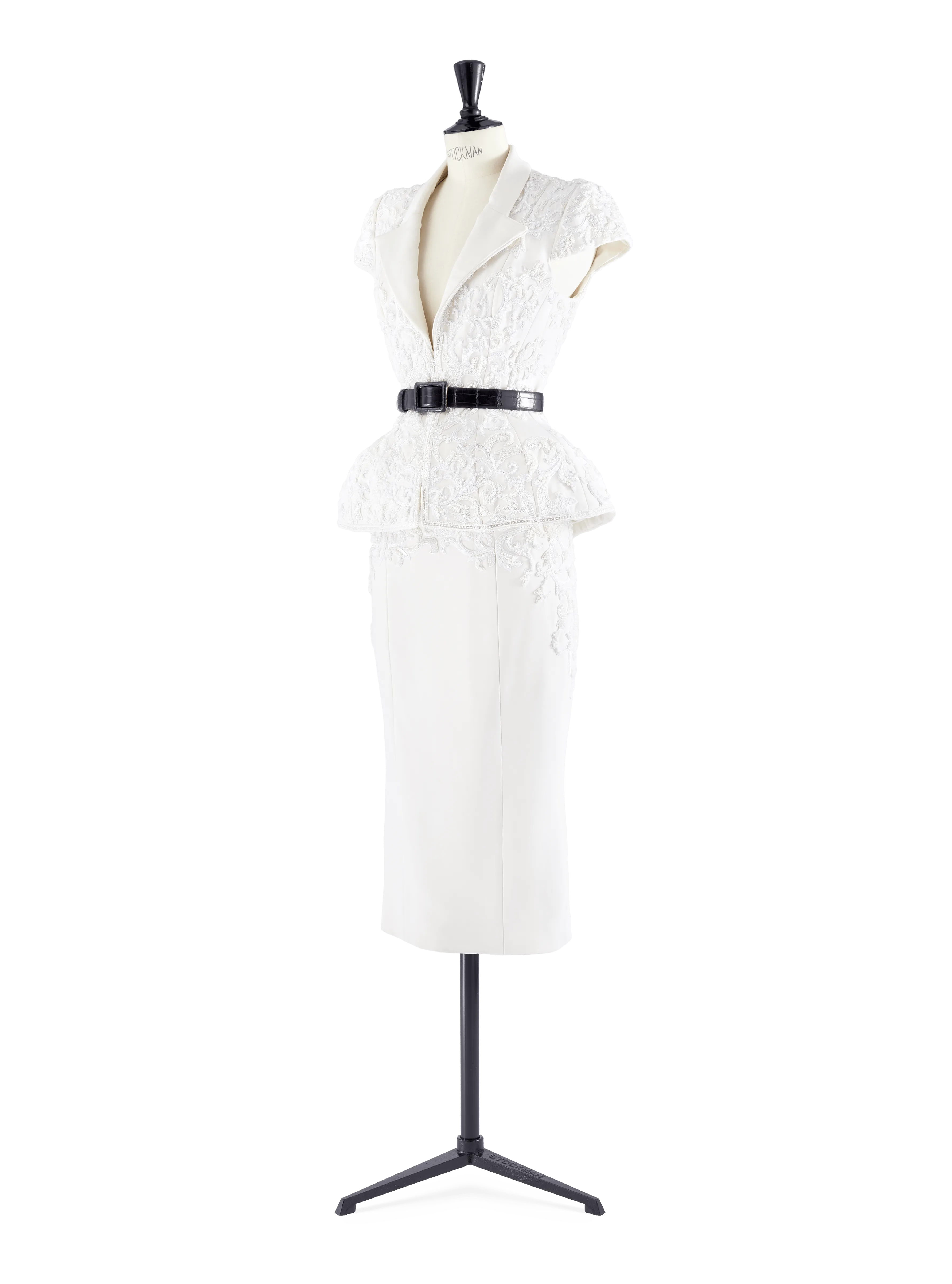 White Silk Crepe Embellished Jacket and Pencil Skirt