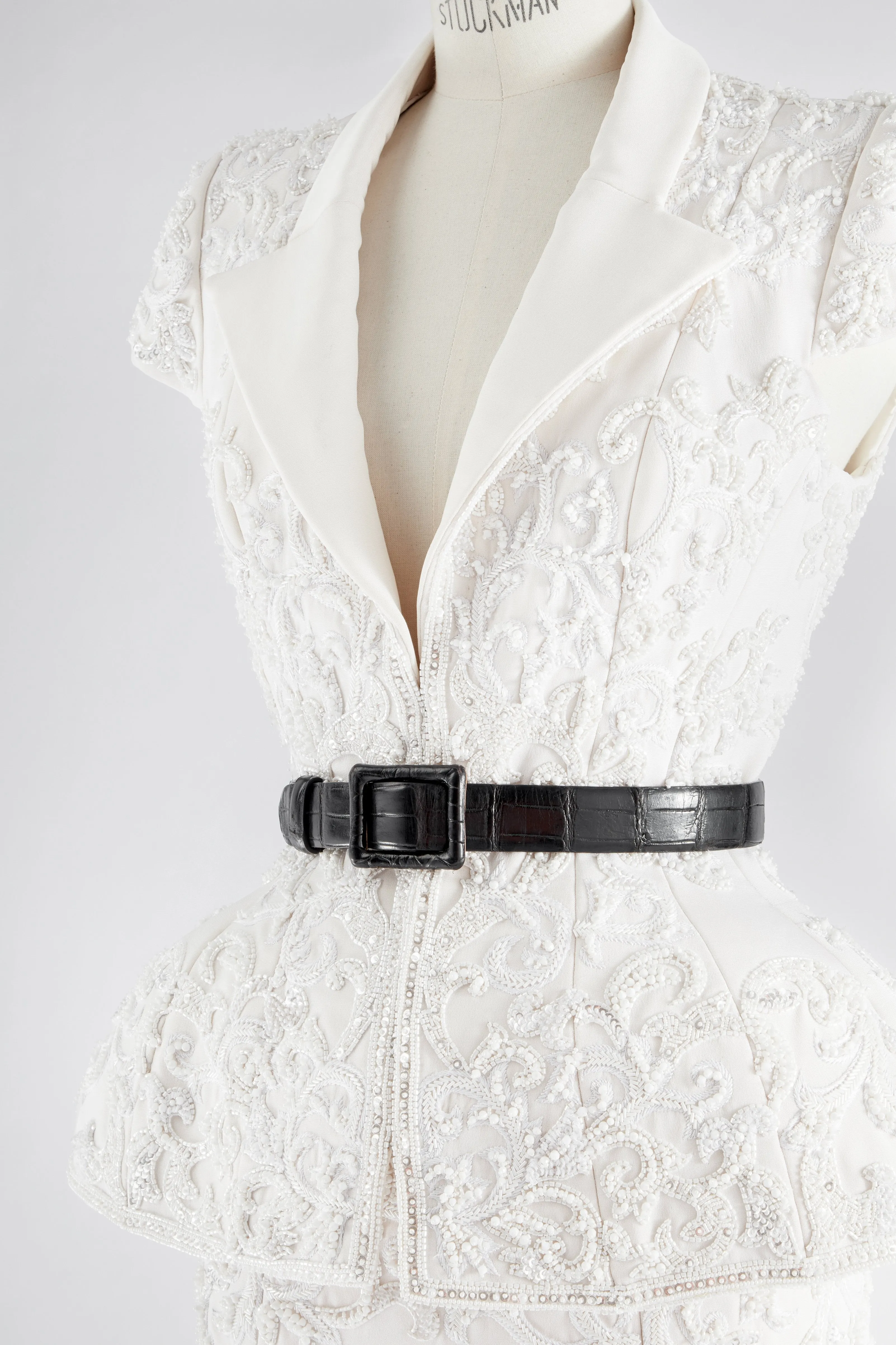 White Silk Crepe Embellished Jacket and Pencil Skirt