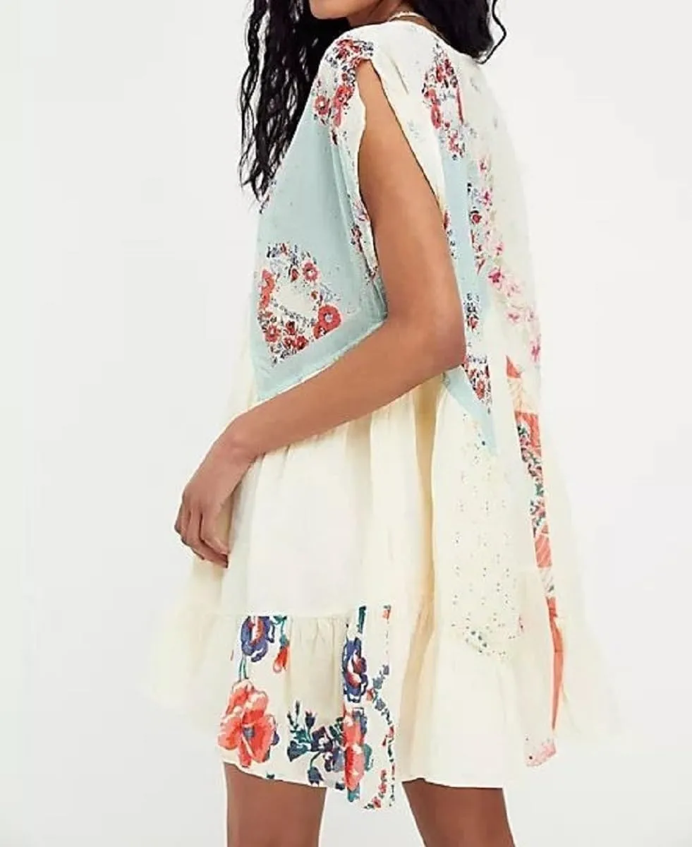 Women Bohemian Floral Mini Dress Y2K Babydoll V Neck Short Dress Loose Fit Patchwork Dress Beach