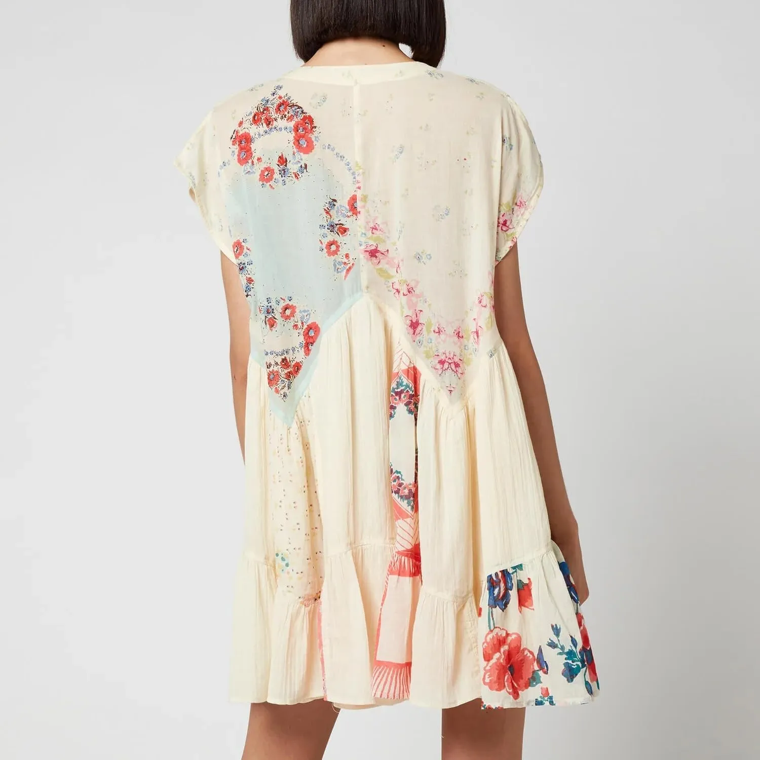 Women Bohemian Floral Mini Dress Y2K Babydoll V Neck Short Dress Loose Fit Patchwork Dress Beach