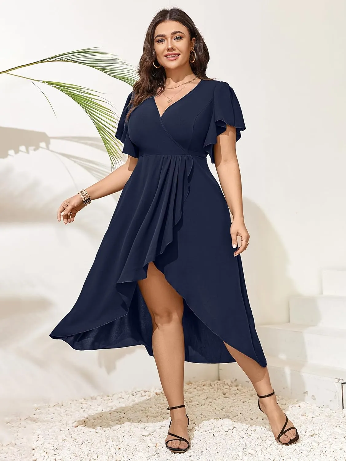Women Plus Size Maxi Dress Short Sleeve Wrap V Neck Dress High Low Split Long Dress