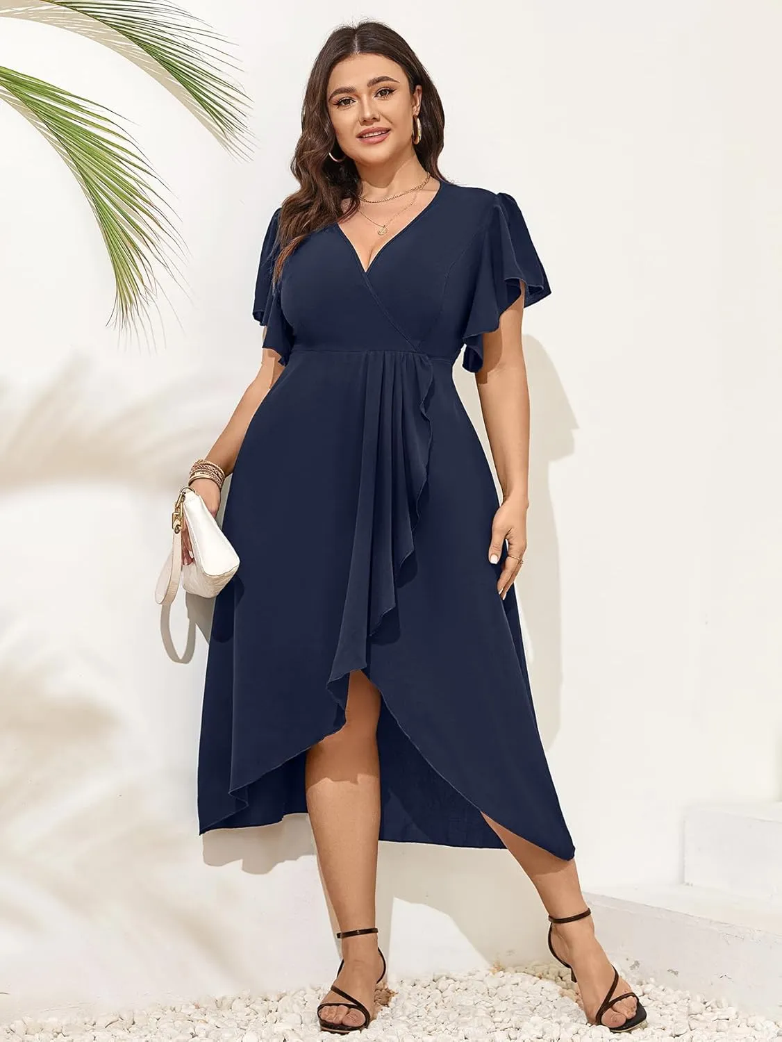 Women Plus Size Maxi Dress Short Sleeve Wrap V Neck Dress High Low Split Long Dress