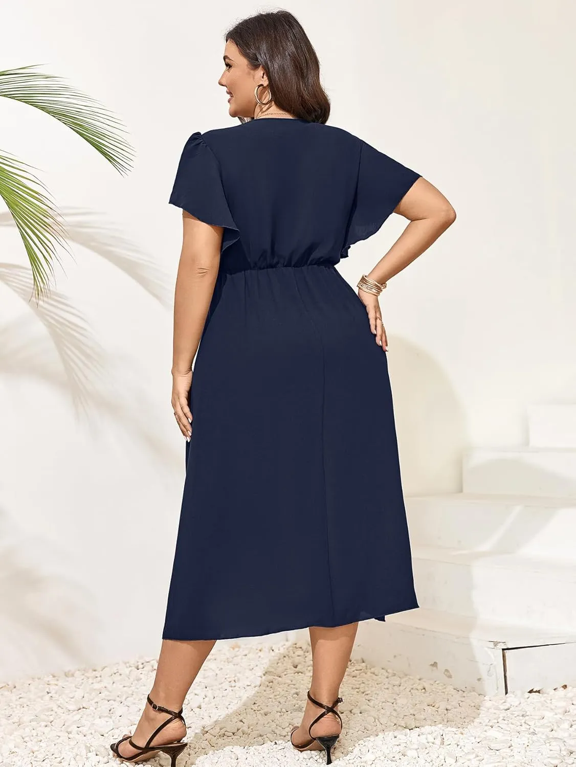 Women Plus Size Maxi Dress Short Sleeve Wrap V Neck Dress High Low Split Long Dress