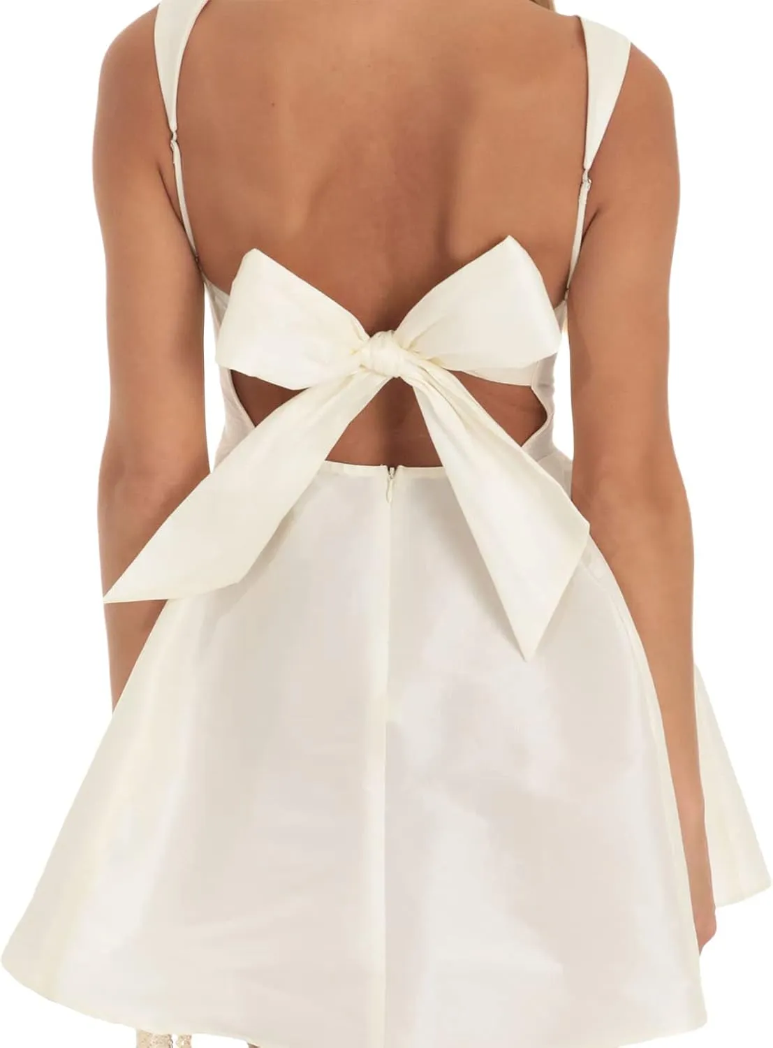 Women Sexy Backless Bow Knot Tie Back Satin Mini Dress Graduation Dress Ruffle Ruched Strap Flowy Short Dress