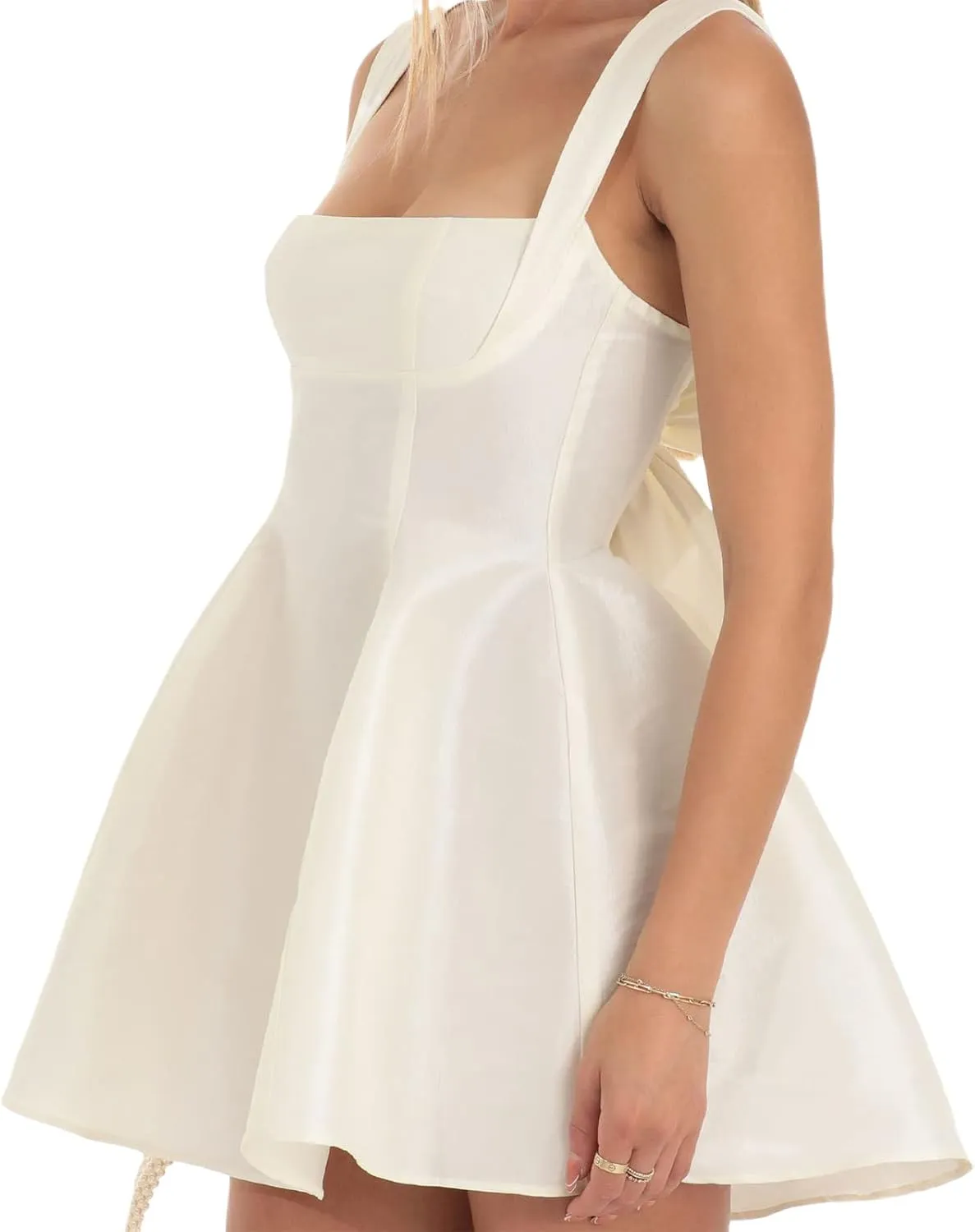 Women Sexy Backless Bow Knot Tie Back Satin Mini Dress Graduation Dress Ruffle Ruched Strap Flowy Short Dress