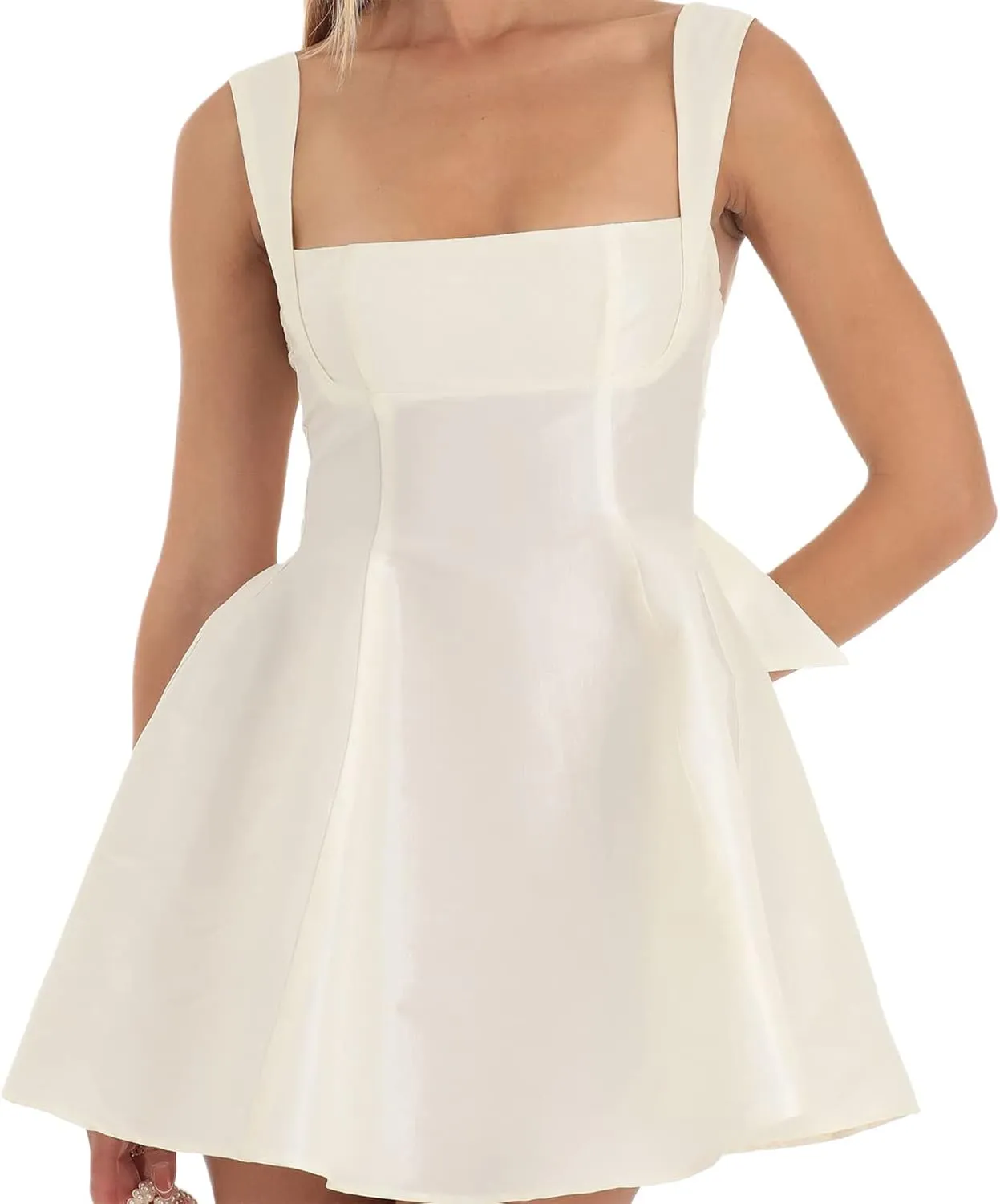 Women Sexy Backless Bow Knot Tie Back Satin Mini Dress Graduation Dress Ruffle Ruched Strap Flowy Short Dress