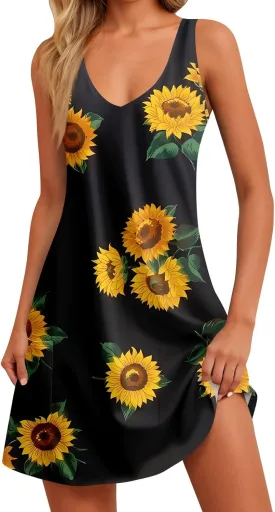 Women Summer Dresses Casual Vacation Sundress Printed 2025 Swimsuit Coverup Beach Sleeveless Dress with Pocket