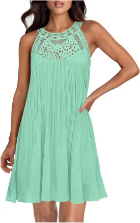 Women's 2025 Summer Lace Halter Chiffon Mini Dress Sleeveless Hollow Out A Line Flowy Pleated Beach Vacation Sundress