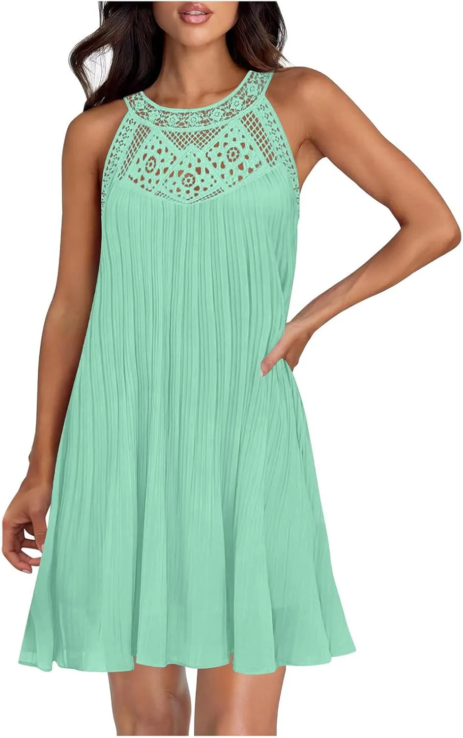 Women's 2025 Summer Lace Halter Chiffon Mini Dress Sleeveless Hollow Out A Line Flowy Pleated Beach Vacation Sundress