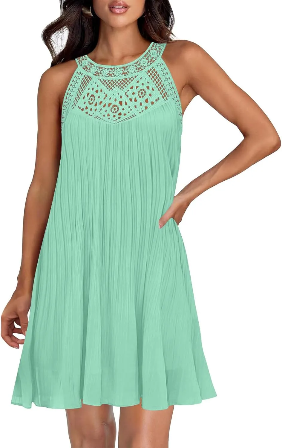 Women's 2025 Summer Lace Halter Chiffon Mini Dress Sleeveless Hollow Out A Line Flowy Pleated Beach Vacation Sundress