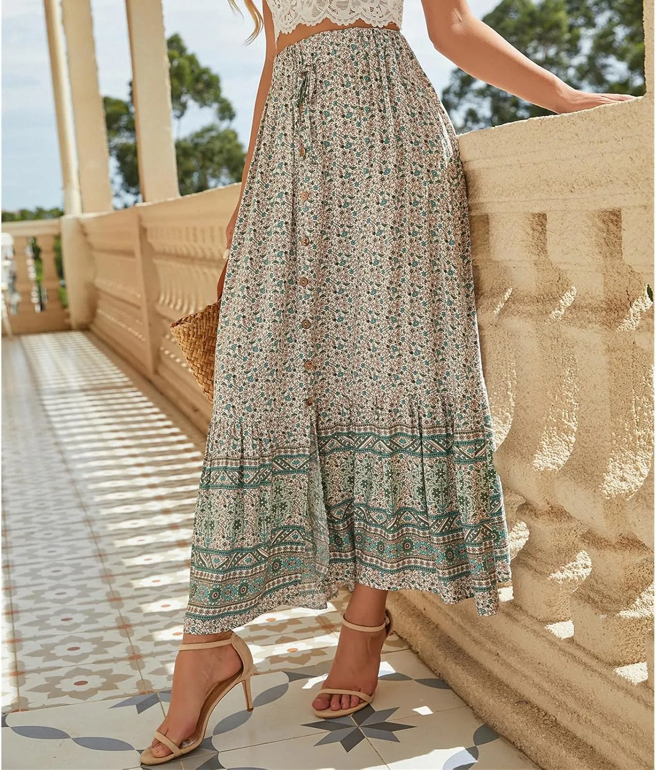 Womens Boho Maxi Skirts Summer Fashion Button Elastic High Waisted Skirt Casual Flowy Ruffle Hem A Line Beach Skirts