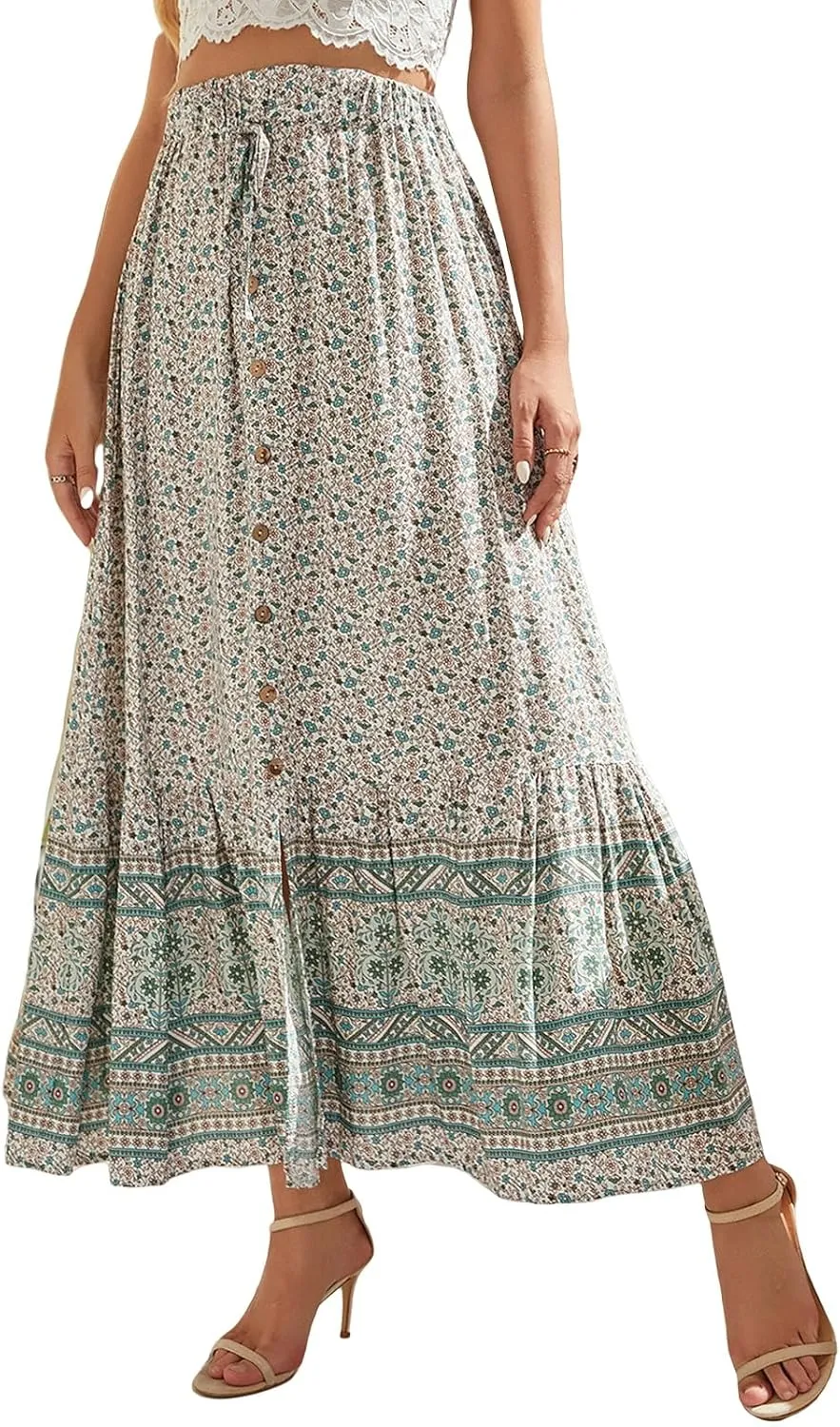 Womens Boho Maxi Skirts Summer Fashion Button Elastic High Waisted Skirt Casual Flowy Ruffle Hem A Line Beach Skirts