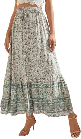 Womens Boho Maxi Skirts Summer Fashion Button Elastic High Waisted Skirt Casual Flowy Ruffle Hem A Line Beach Skirts