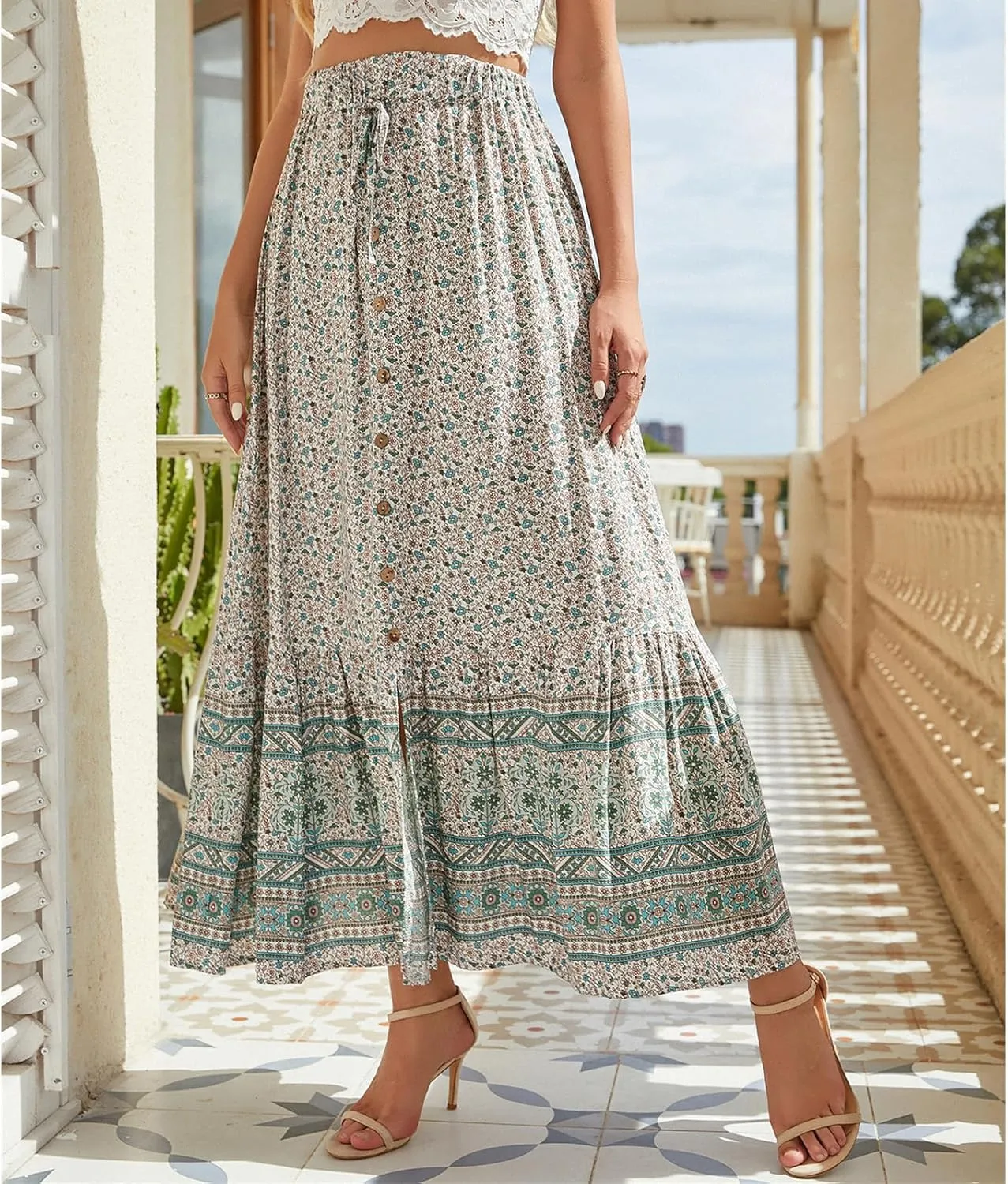 Womens Boho Maxi Skirts Summer Fashion Button Elastic High Waisted Skirt Casual Flowy Ruffle Hem A Line Beach Skirts
