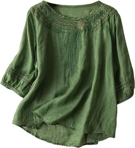 Women's Casual Solid Color Embroidered Cotton and Linen Tops Shirts T Shirts Long Sleeve Blouse Summer Short Sleeve