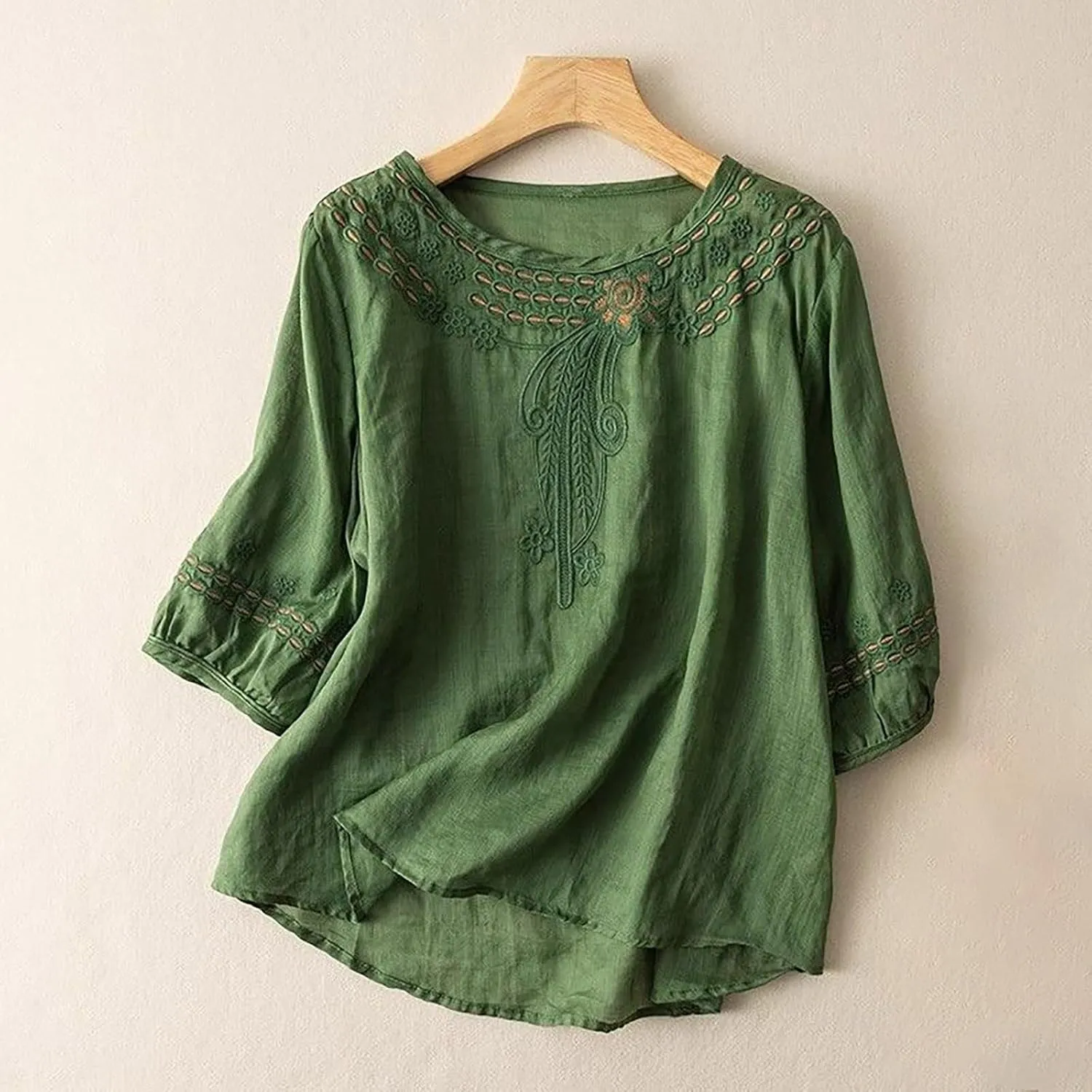 Women's Casual Solid Color Embroidered Cotton and Linen Tops Shirts T Shirts Long Sleeve Blouse Summer Short Sleeve