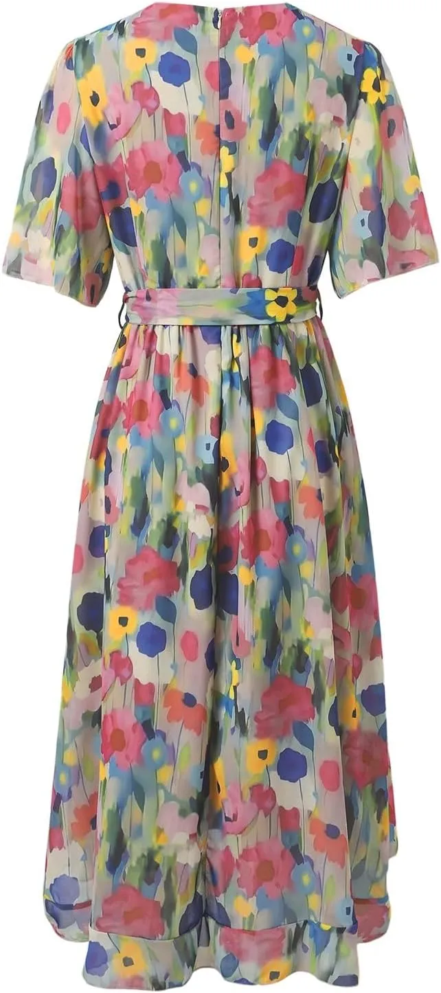 Women's Chiffon Cocktail Dress | Spring Summer Wrap Dress with Floral Print, Sexy Flowy Midi Dress for Wedding Guest