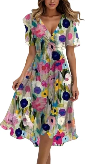 Women's Chiffon Cocktail Dress | Spring Summer Wrap Dress with Floral Print, Sexy Flowy Midi Dress for Wedding Guest