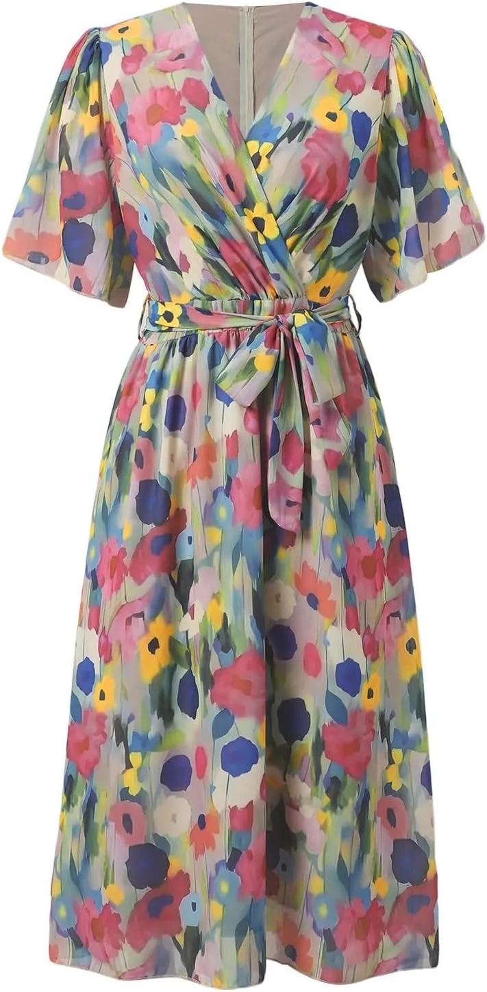 Women's Chiffon Cocktail Dress | Spring Summer Wrap Dress with Floral Print, Sexy Flowy Midi Dress for Wedding Guest