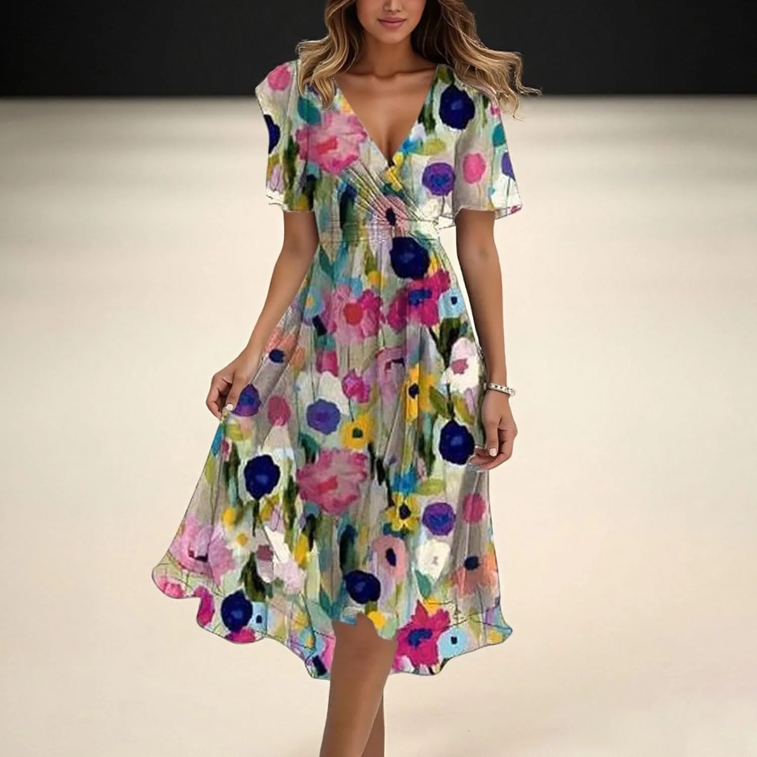 Women's Chiffon Cocktail Dress | Spring Summer Wrap Dress with Floral Print, Sexy Flowy Midi Dress for Wedding Guest