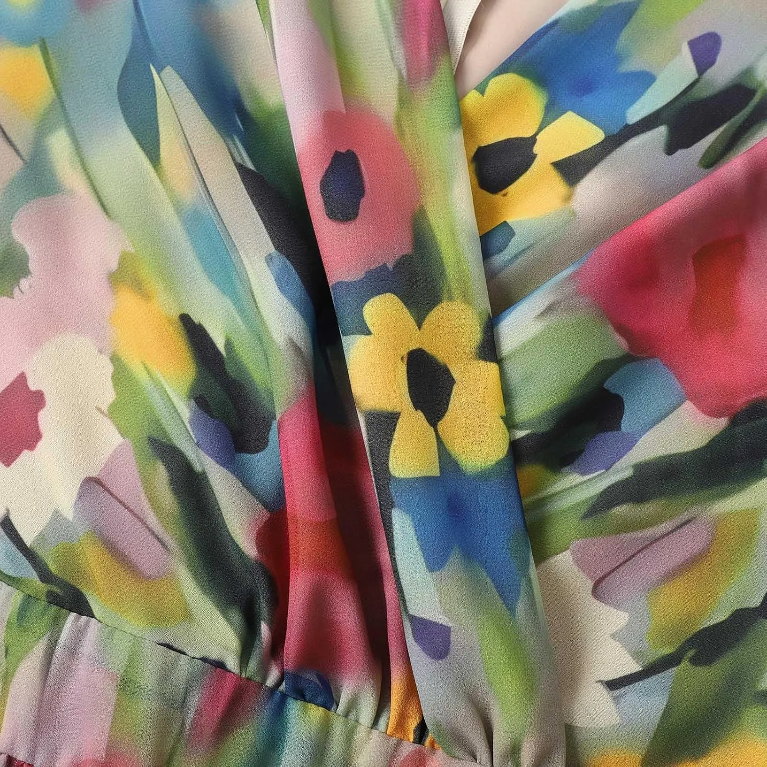 Women's Chiffon Cocktail Dress | Spring Summer Wrap Dress with Floral Print, Sexy Flowy Midi Dress for Wedding Guest