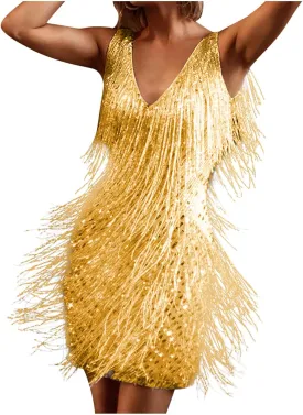 Womens Fringe Dress Spaghetti Strap Sleeveless Tassel Sling Dress Sexy V Neck Backless Cocktail Party Mini Dress